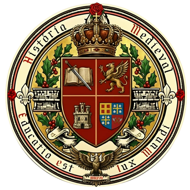 Brasão do História Medieval: escudo com livro e espada, grifo, castelo e cruzes, sob coroa